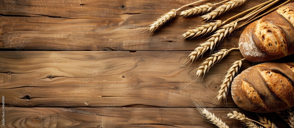 Poster wheat and bread are beautifully arranged on a vintage wooden surface with an open area to add text o