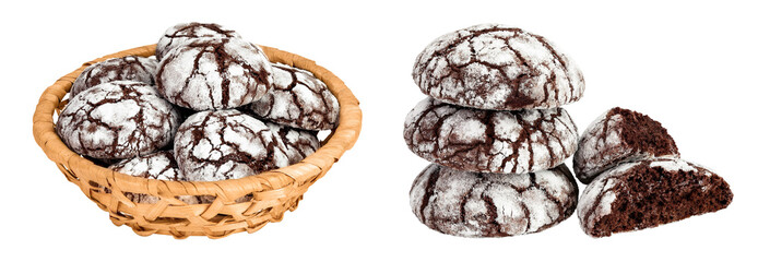 Chocolate brownie cookie in a wicker basket isolated on white background with full depth of field