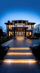 Obraz premium Modern luxury home with illuminated walkway at twilight.