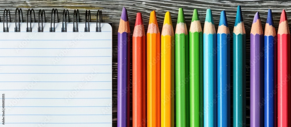 Poster Colorful crayons set beside an empty notebook, providing a vibrant copy space image.