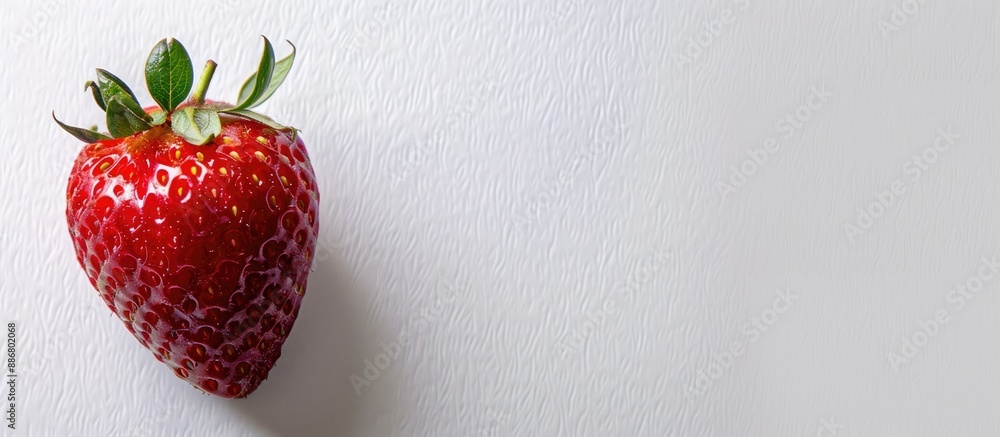 Poster white paper background with copy space image for text alongside a vibrant fresh strawberry.