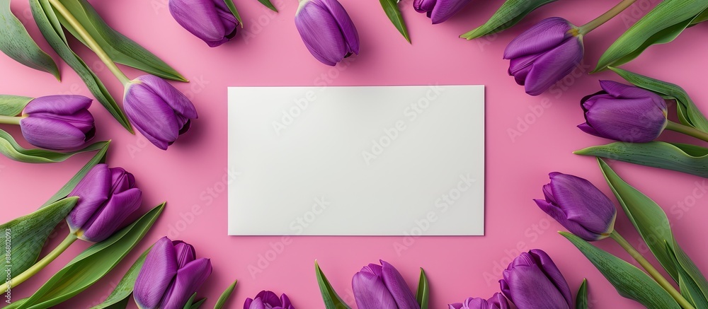 Poster top view of a mock-up scene with a blank greeting card surrounded by purple tulips on a pink backgro