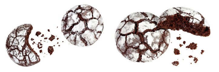 Chocolate brownie cookie isolated on white background. Top view. Flat lay