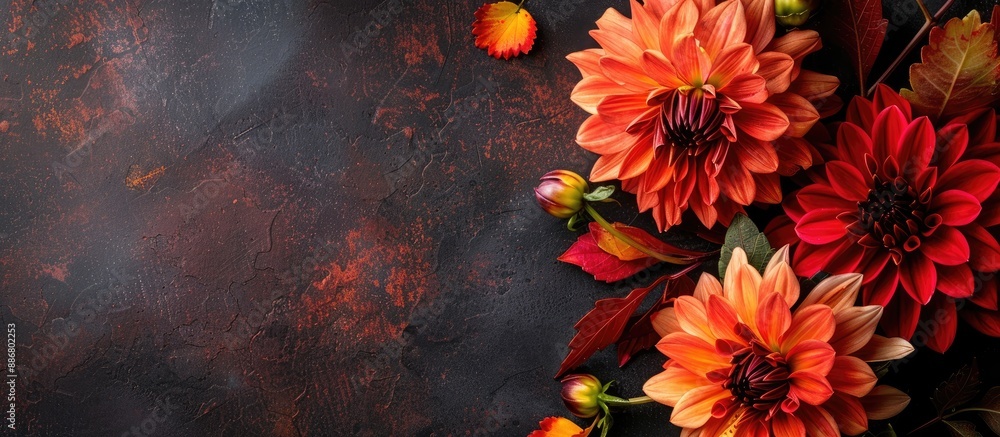 Poster autumn-themed dahlia floral arrangement with ample copy space for adding text or graphics.