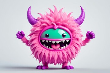 Naklejka premium Funny cute adorable fluffy furry 3D cartoon character monster portrait on isolated background. 