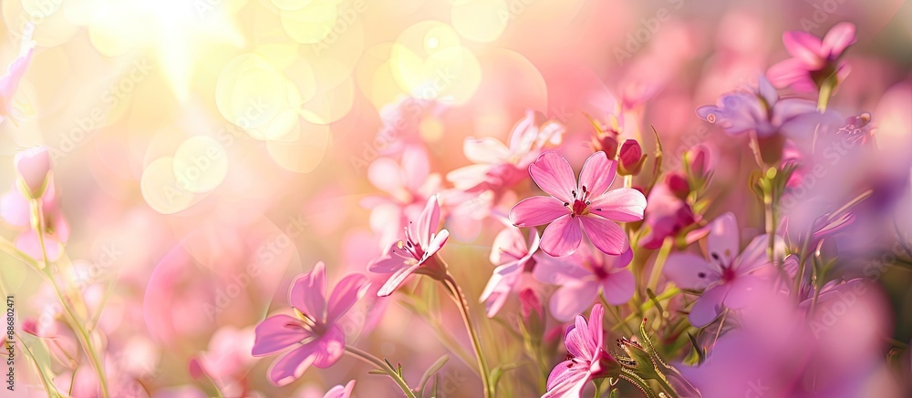 Poster Pink flowers on a sunny spring day with a blurred background create an appealing copy space image.