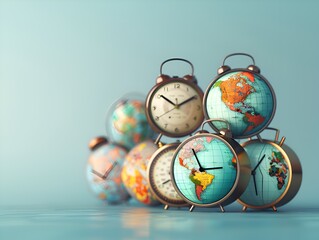 Collection of clocks, each with a different map and a unique color scheme, creating a sense of motion and global connectivity.