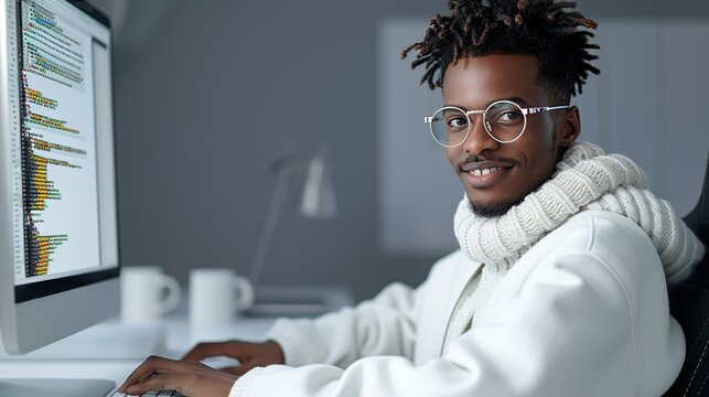 African software engineer smiling while coding at a computer desk in a tech startup representing innovation and passion for technology Portrait, Realistic Photo, High resolution, Half-body picture,