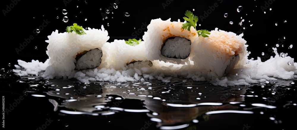 Poster close-up image of white sushi with rice flying over a black background, featuring copy space for tex