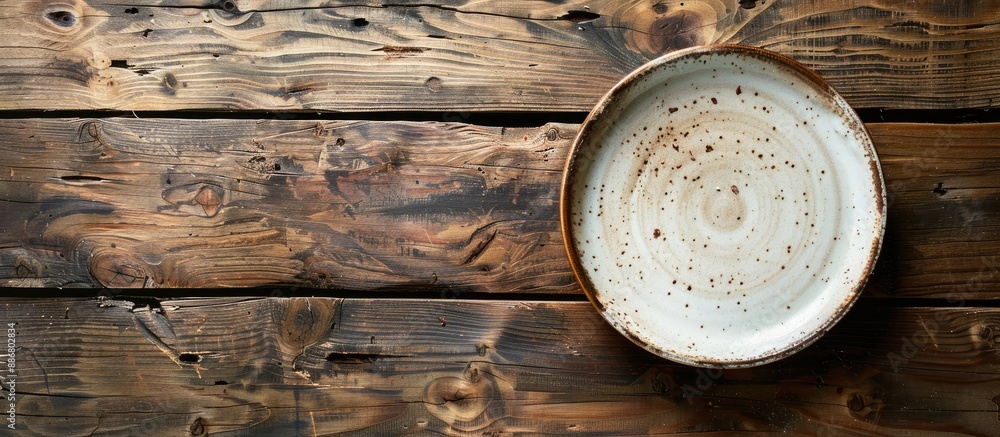 Poster wooden table with an empty plate, showcasing a copy space image.