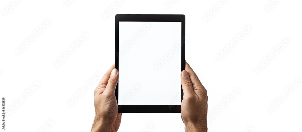 Poster male hands hold a digital tablet on a white background with a beautiful screen reflection, man using