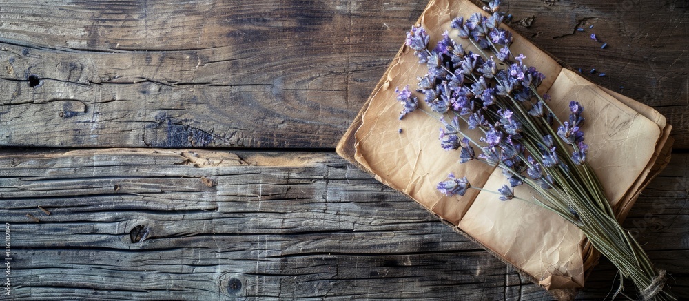 Poster a branch of dried lavender flowers and an empty aromatherapy recipe book placed on a rustic wooden t