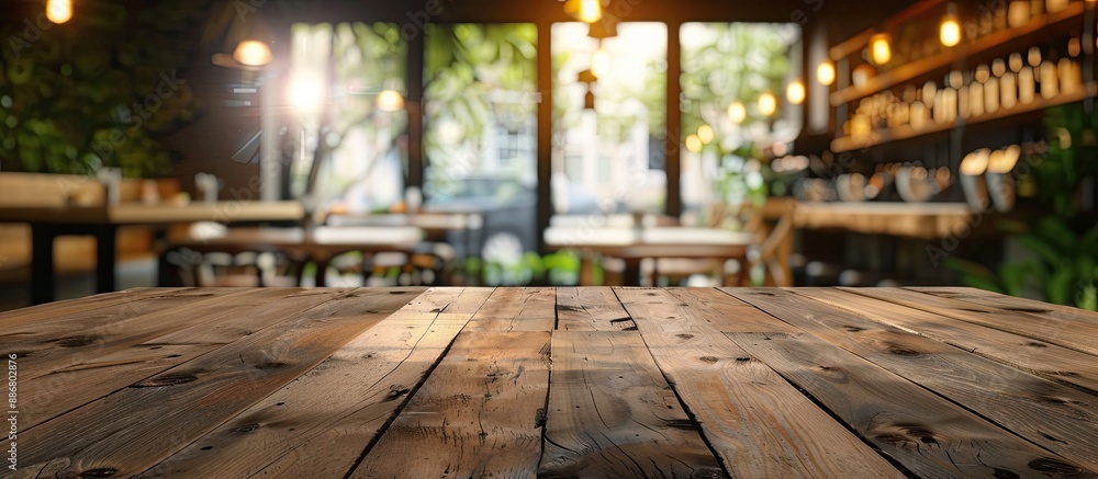 Fototapete empty brown wooden table with selective focus and coffee shop background blurred for a product displ