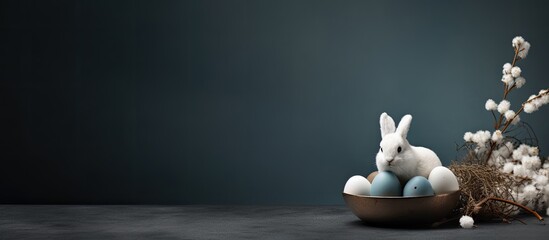 Moody Easter banner with egg, bunny, and eggshell on dark backdrop with copy space image for a festive decoration theme.