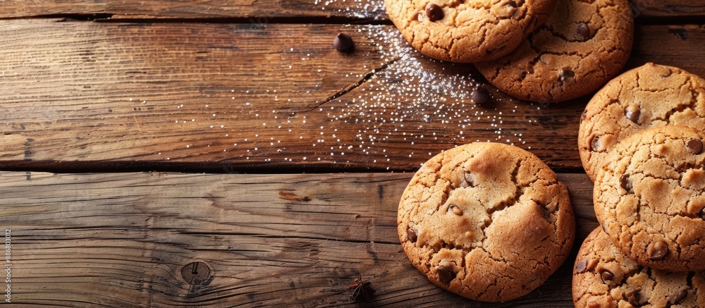 Poster Homemade cookies close-up on a wooden table with ample space for copying images.