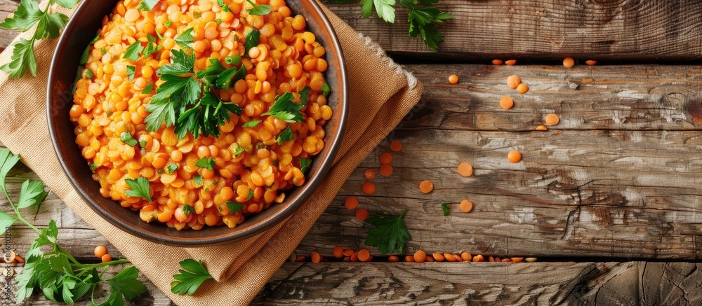 Wall mural A bowl of tasty red lentils garnished with parsley, set on a wooden table, captured in a close-up copy space image.