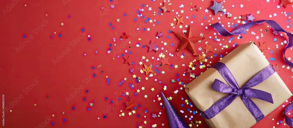 Poster golden and purple star-shaped confetti and a wrapped present, party hats against a red backdrop, wit