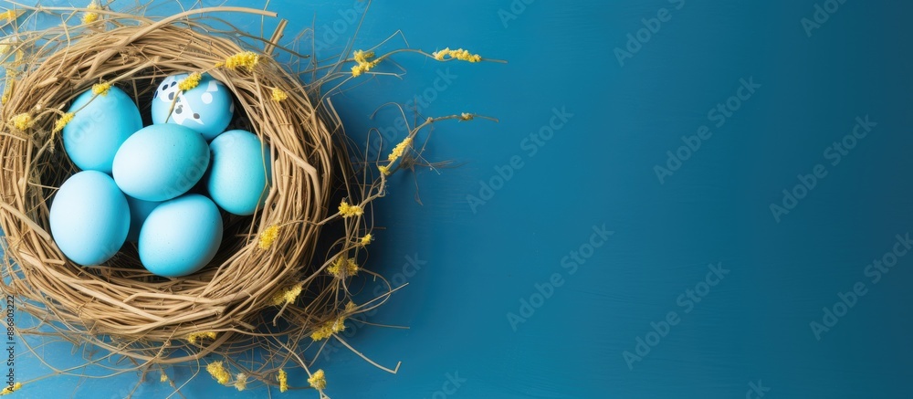 Aufkleber easter eggs in a basket on a stylish blue backdrop. simple design with copy space image.