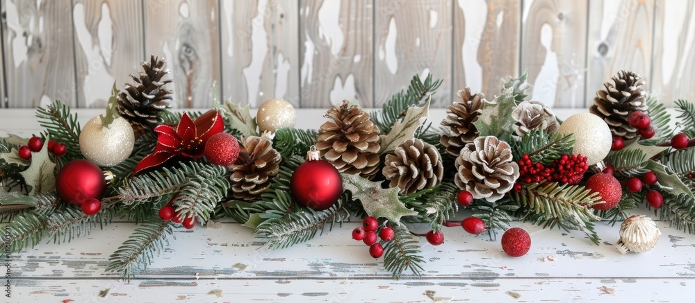 Aufkleber a festive arrangement for christmas and new year displayed on a white wooden backdrop with room for 