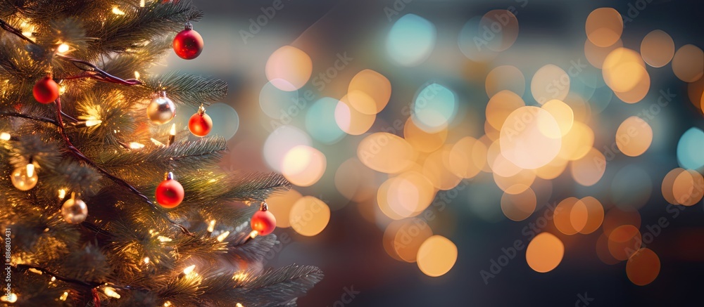 Aufkleber Bokeh effect showcases blurred Christmas lights on a Christmas tree with copy space image.