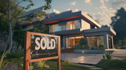 modern house with sold sign outside, in front of the house , representing successful property sales, real state business