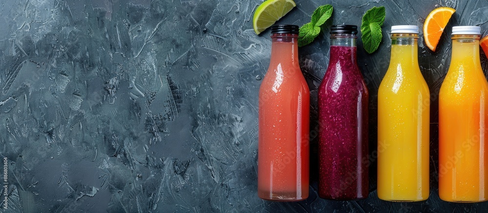 Poster Bottles of fresh juices displayed on a concrete table with a vivid copy space image.