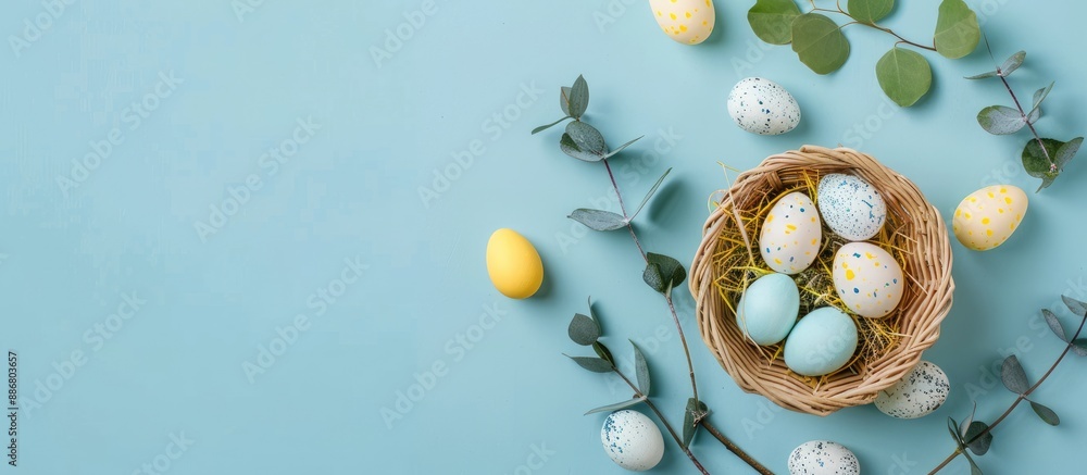 Poster a basket with easter eggs in yellow and white hues, beside eucalyptus branch on pastel blue backdrop