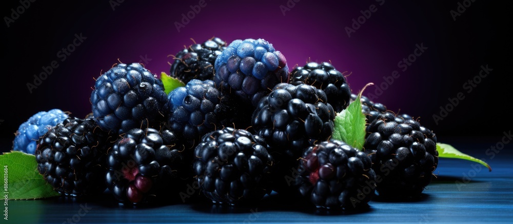 Poster vibrant blue and blackberries displayed on a dark background with copy space image, perfect for vega