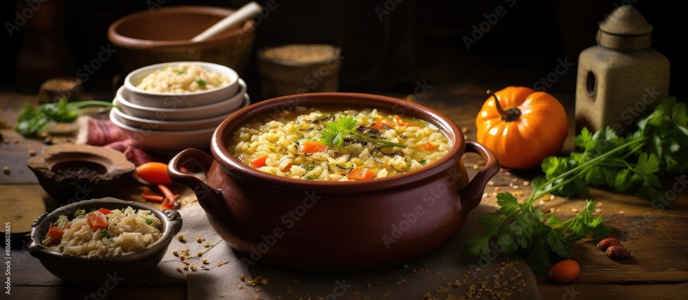 Poster vegetable rice soup displayed as a rustic vegan meal snack on a table with a food background and cop
