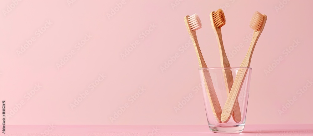 Poster Eco-friendly bamboo toothbrushes displayed in a ceramic glass on a pink surface, emphasizing a zero-waste message with copy space image available.