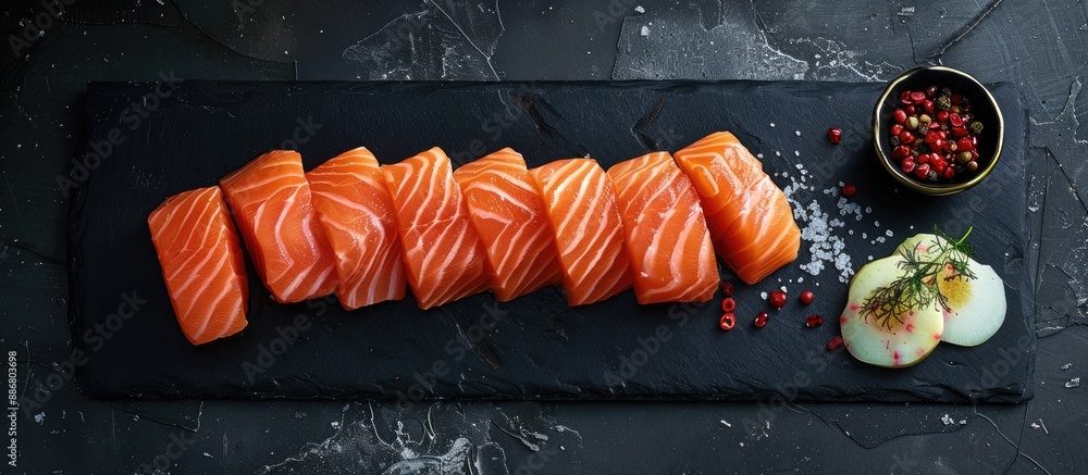 Aufkleber Salmon fillet slices displayed on a black slate plate, providing space for additional image elements.