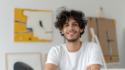 Arab artist smiling while working on a new piece in a bright studio representing artistic inspiration and joy Portrait, Realistic Photo, High resolution, Half-body picture, Minimalism,