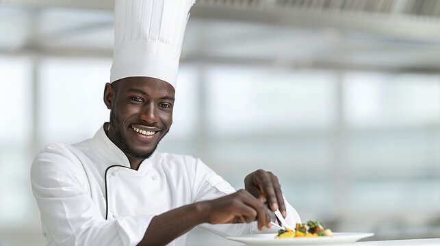 African chef smiling while garnishing a dish in a high-end restaurant representing culinary creativity and passion Portrait, Realistic Photo, High resolution, Half-body picture, Minimalism,