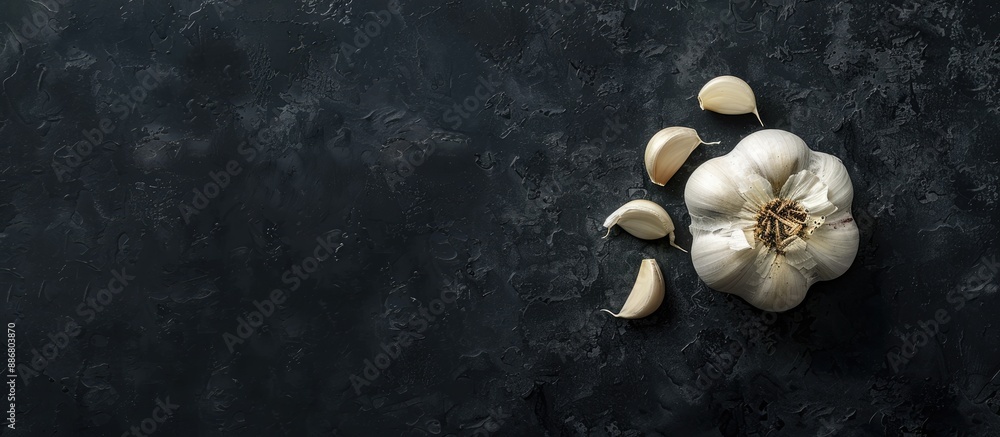 Poster garlic seen from above on a dark background, showcasing available copy space image.