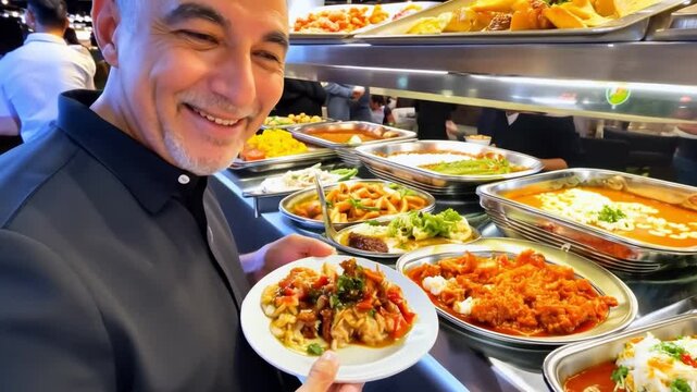 Man grabbing food from an indoor buffet