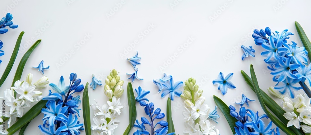 Poster top view of blue and white hyacinths on a white background, perfect for a spring or easter holiday c