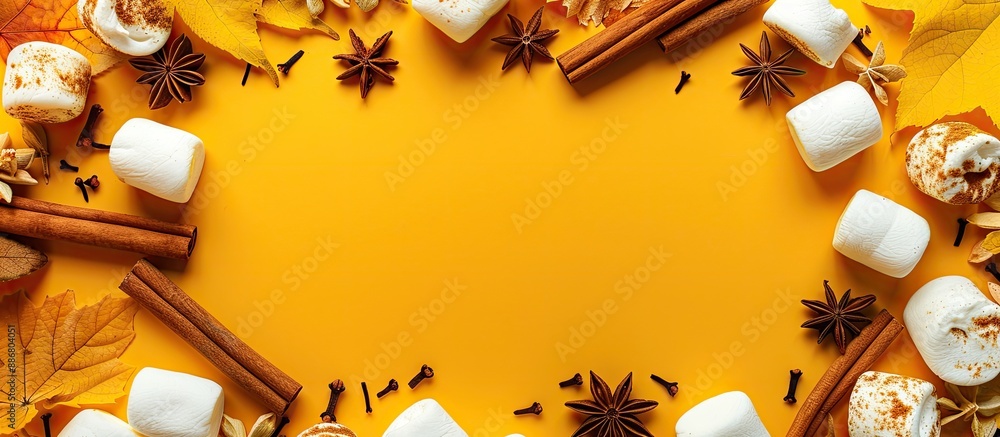 Poster autumn-themed arrangement with cinnamon, marshmallows, anise, on a yellow backdrop, creating a festi