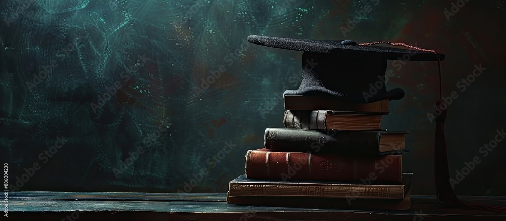 Poster On a dark background, a graduation hat along with books is placed elegantly on a table, creating a visually appealing composition with copy space image.