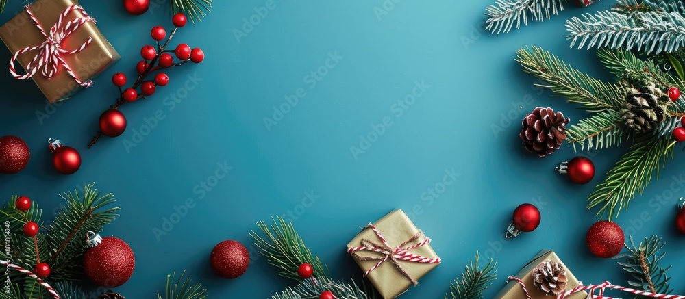 Poster blue christmas background adorned with decorations in a flat lay style, providing ample copy space i
