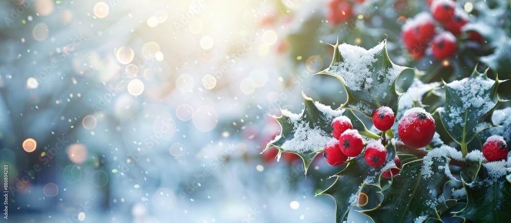 Fototapete Snow-covered holly branch in a garden setting, creating a festive Christmas background with ample copy space image.