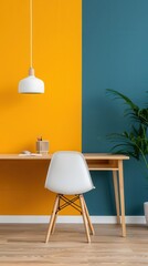 Minimalist home office with yellow and blue walls, wooden desk, and white chair.