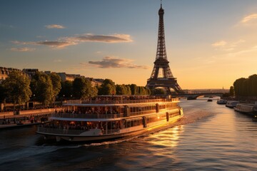 Obraz premium Eiffel Tour about the waters of the Sena River on Summer Day, Paris, France, generative IA