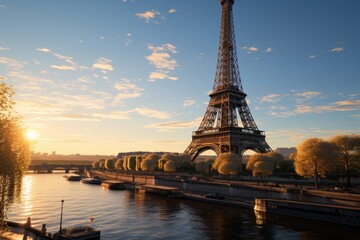 Fototapeta premium Eiffel Tower at sunset in Paris France Romantic Travel background, generative IA