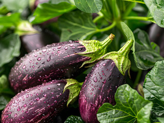Ripe eggplants in droplets of water with green leaves. Neural network AI generated art