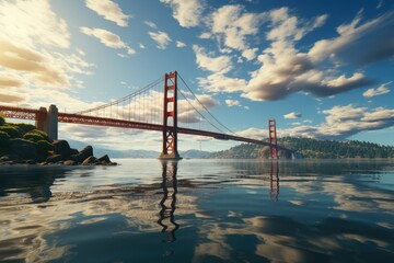 Obraz premium Gold gate bridge over the river against the cloudy sky, generative IA