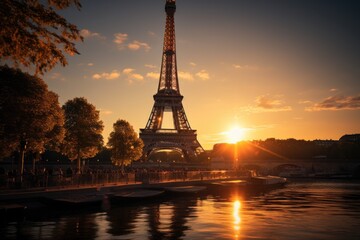 Naklejka premium Eiffel Tower and Paris Cityscape on Autumn Day, France, generative IA