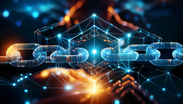 Abstract digital illustration of blockchain or cryptocurrency technology, geometric structure and connected glowing chains, held by bright and futuristic hands.