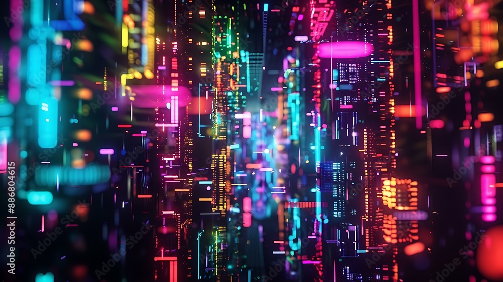 Poster A dynamic abstract artwork showcasing colorful neon geometric forms and illuminated structures in a digital cyberspace environment with a dark backdrop