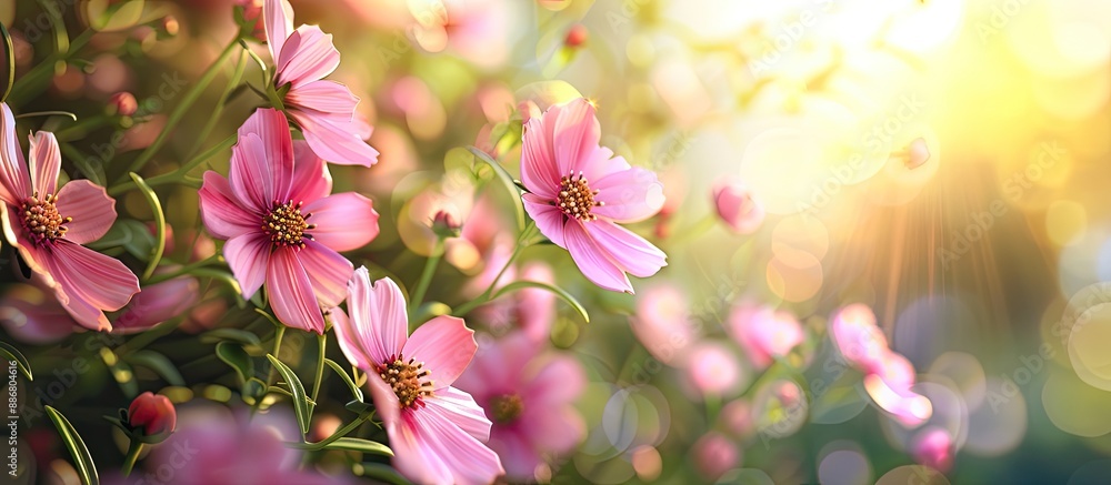 Poster pink flowers on a sunny spring day with a blurred background create an appealing copy space image.
