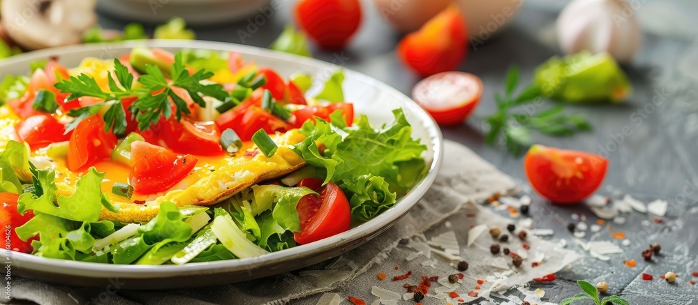 Aufkleber fresh salad with omelet and vegetables on a table with a food background providing copy space image.